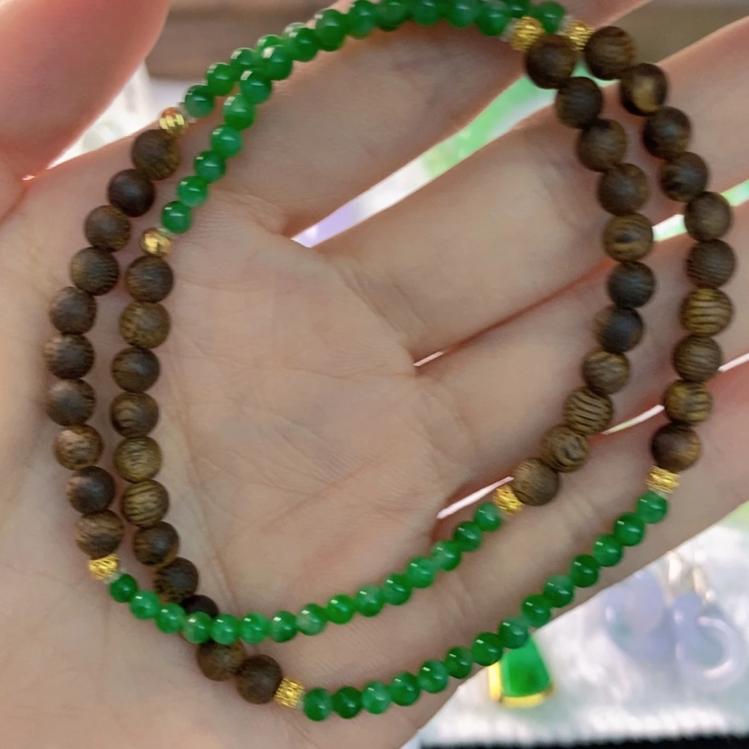翡翠18K金镶嵌手链手串 沉香 翡翠