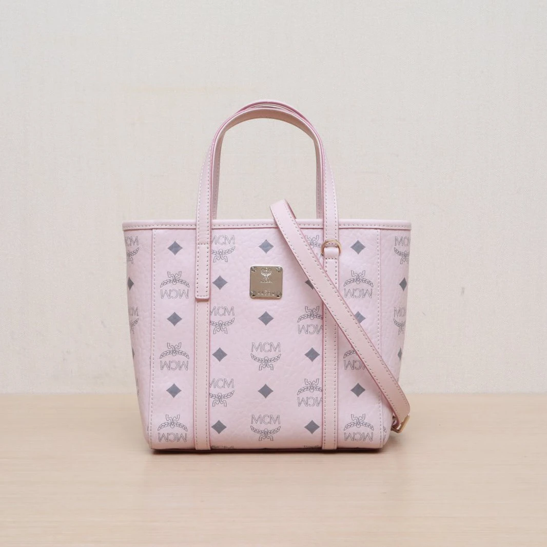95新 MCM 【黑黑】 粉色 皮革C 浅金扣 手提 mini 托特包 斜挎包