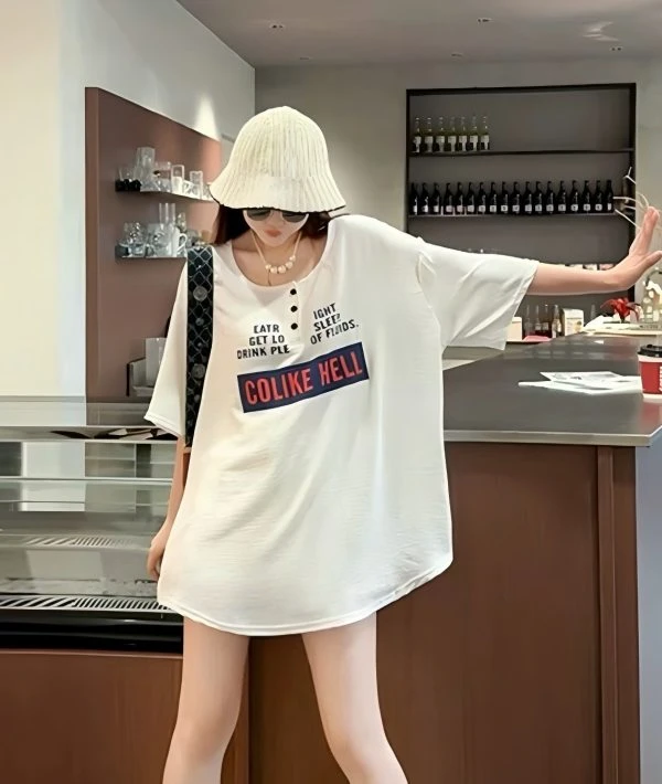 大码孕妇休闲风宽松加肥印花短袖T恤白色极简风大版字母宽松8827