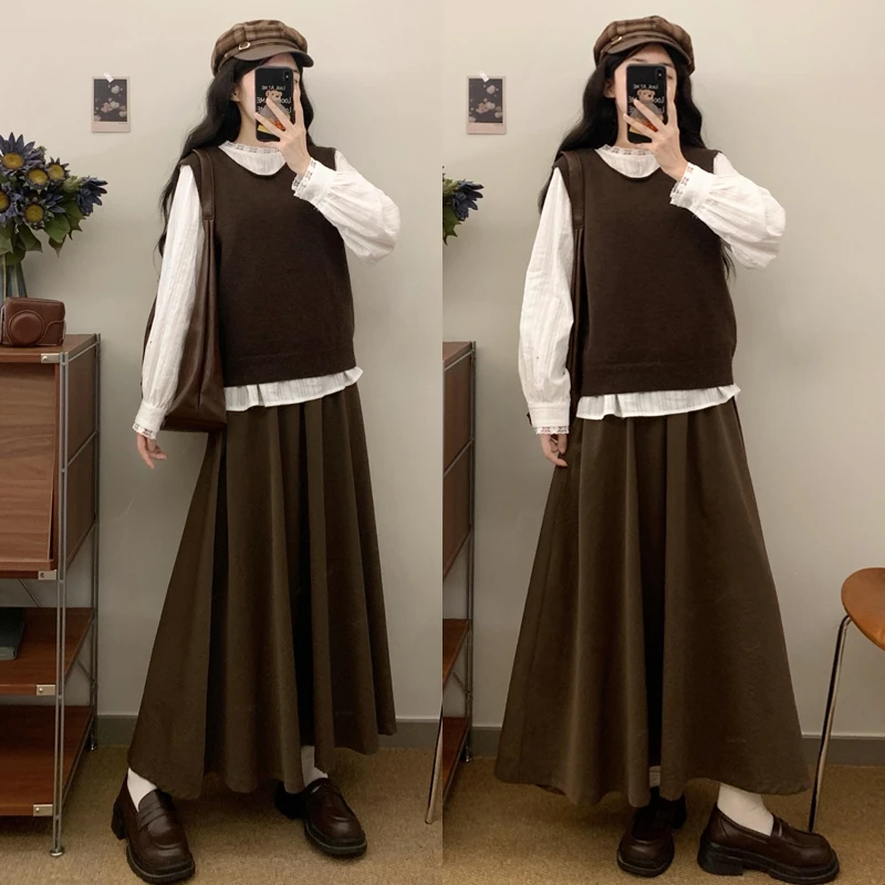 大码胖mm百搭宽松圆领长袖衬衫女叠穿马甲秋季高腰半身裙三件套女