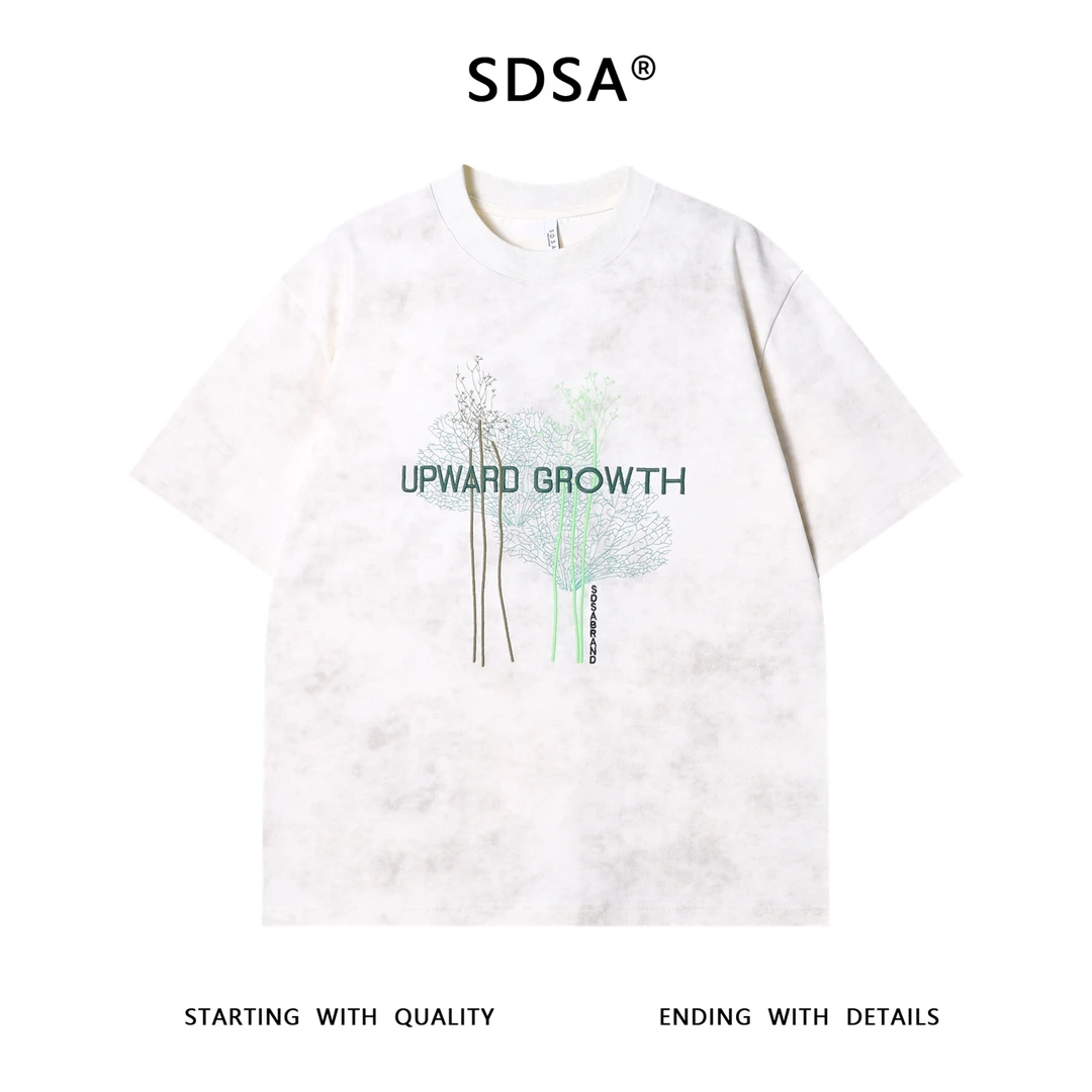 夏季高级感新款男士满天星撞色刺绣字母树木圆领短袖T恤百搭时尚