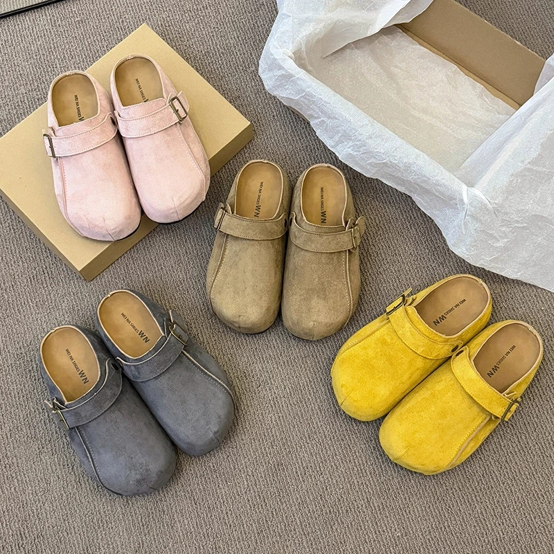 【夏季必备】反绒皮面复古勃肯包头拖鞋女2025春夏新款厚底百搭两穿