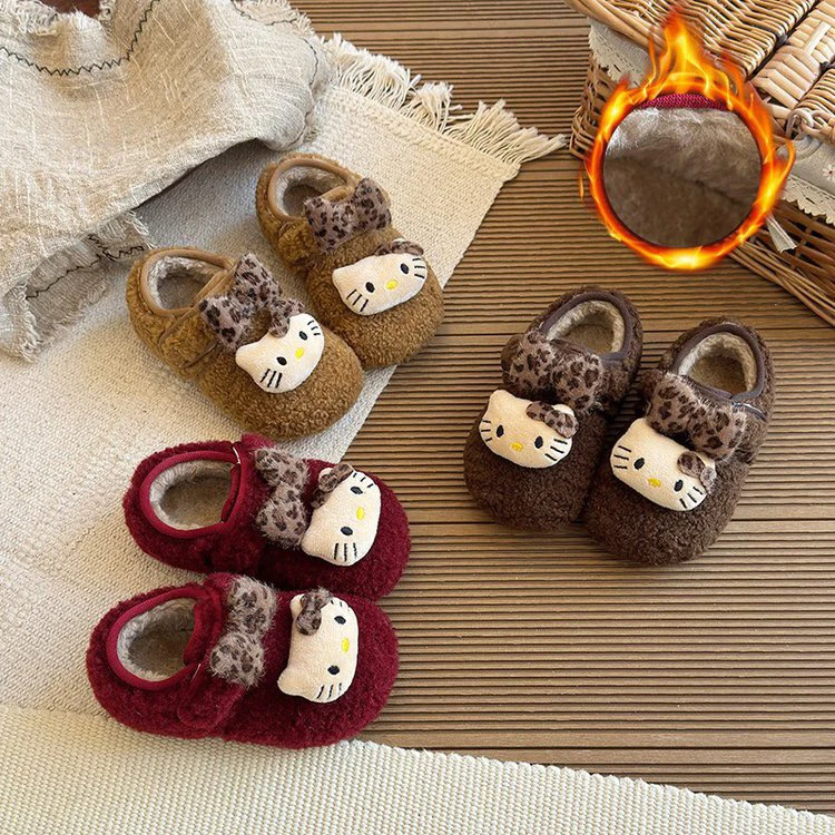 韩版女童加绒保暖毛毛鞋2025冬季新款女孩KT猫棉鞋女宝防滑勃肯鞋