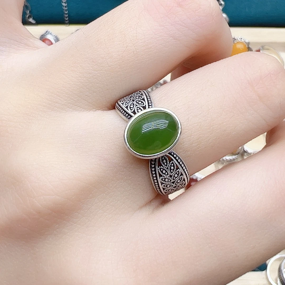 和田玉（碧玉）戒指银S925镶嵌