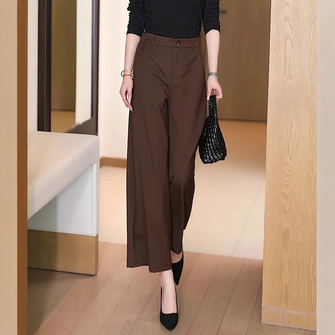 美拉德咖色休闲九分裤女2025夏季薄小个子直筒裤子高腰显瘦阔腿裤