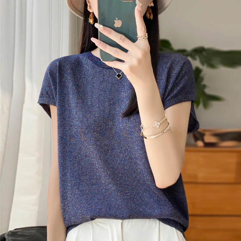 品牌套头针织衫薄款针织短袖t桖夏季女短袖时尚休闲
