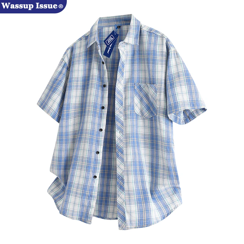 WASSUP ISSUE日系格子衬衫短袖男款夏季薄款百搭衬衣宽松休闲外套