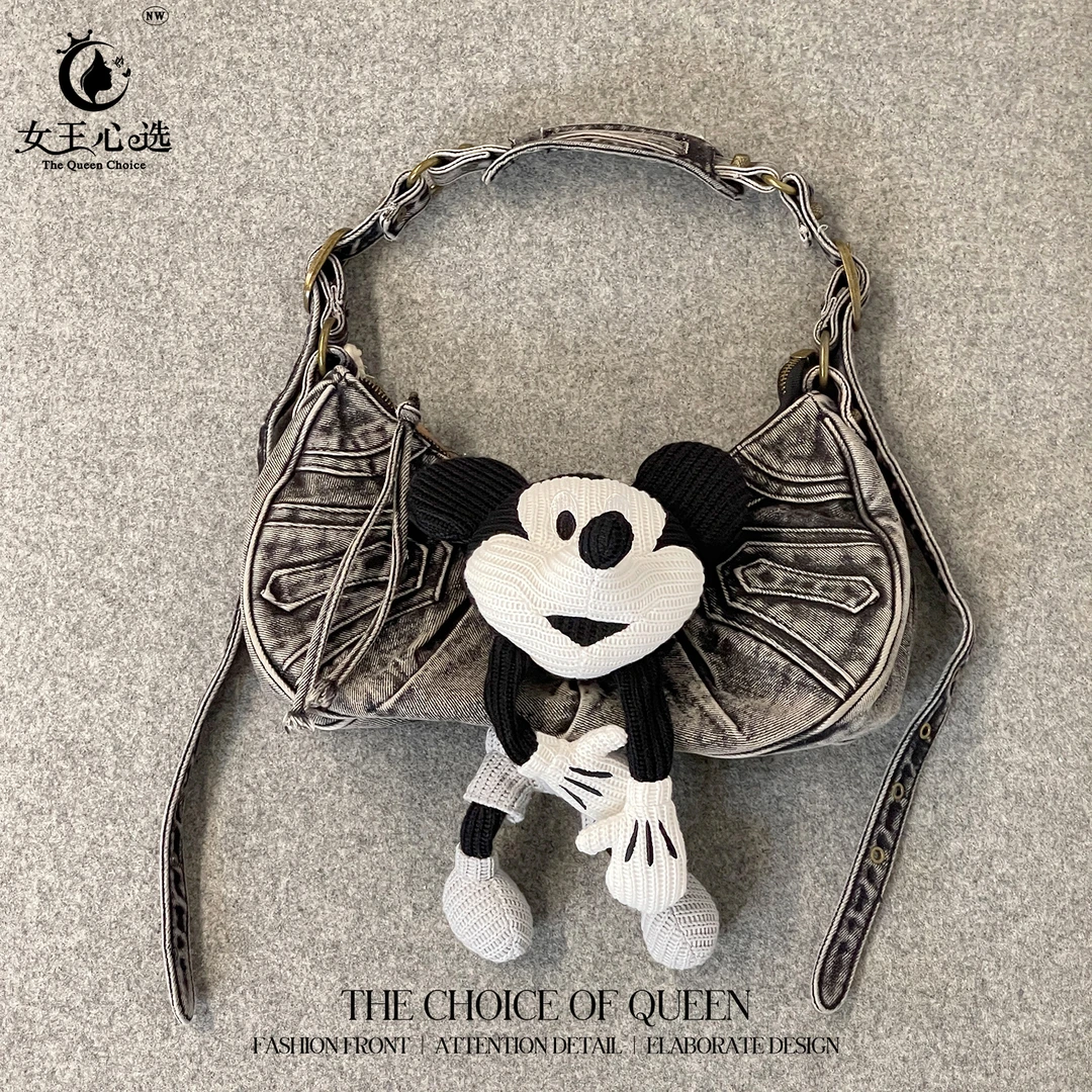 【笑姐定制】F310 小众做旧水洗牛仔米奇玩偶机车腋下斜挎包