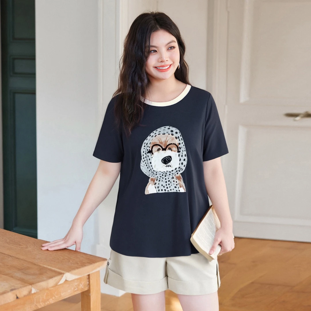 【撞色印花亮片刺绣T恤】MsShe大码女装2025夏显瘦短袖上衣K2506040