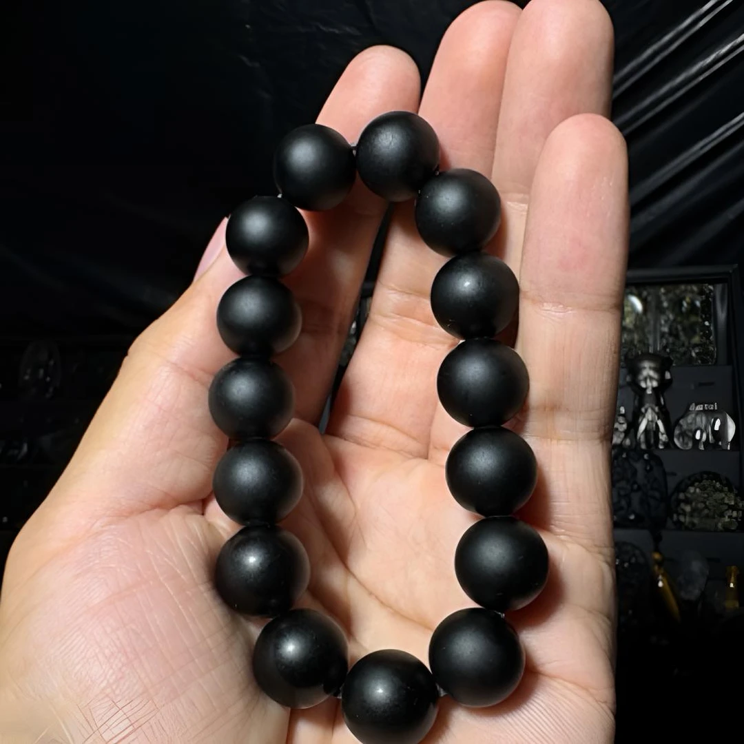 天然磨砂黑曜石手链手串男士饰品珠子14mm