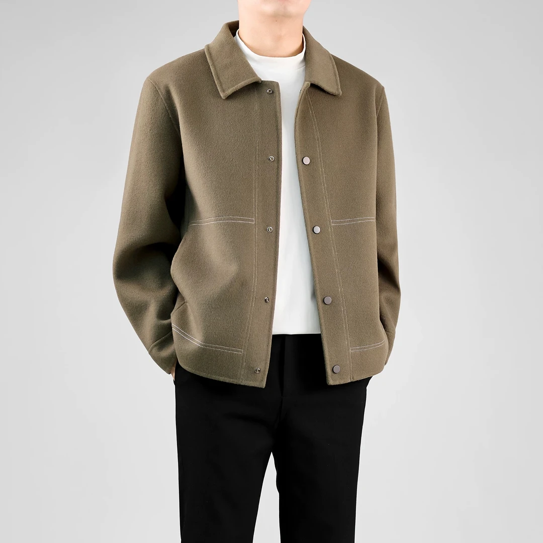 【亏米清完】秋冬男士双面绵羊毛大衣夹克时尚休闲商务立领中长款