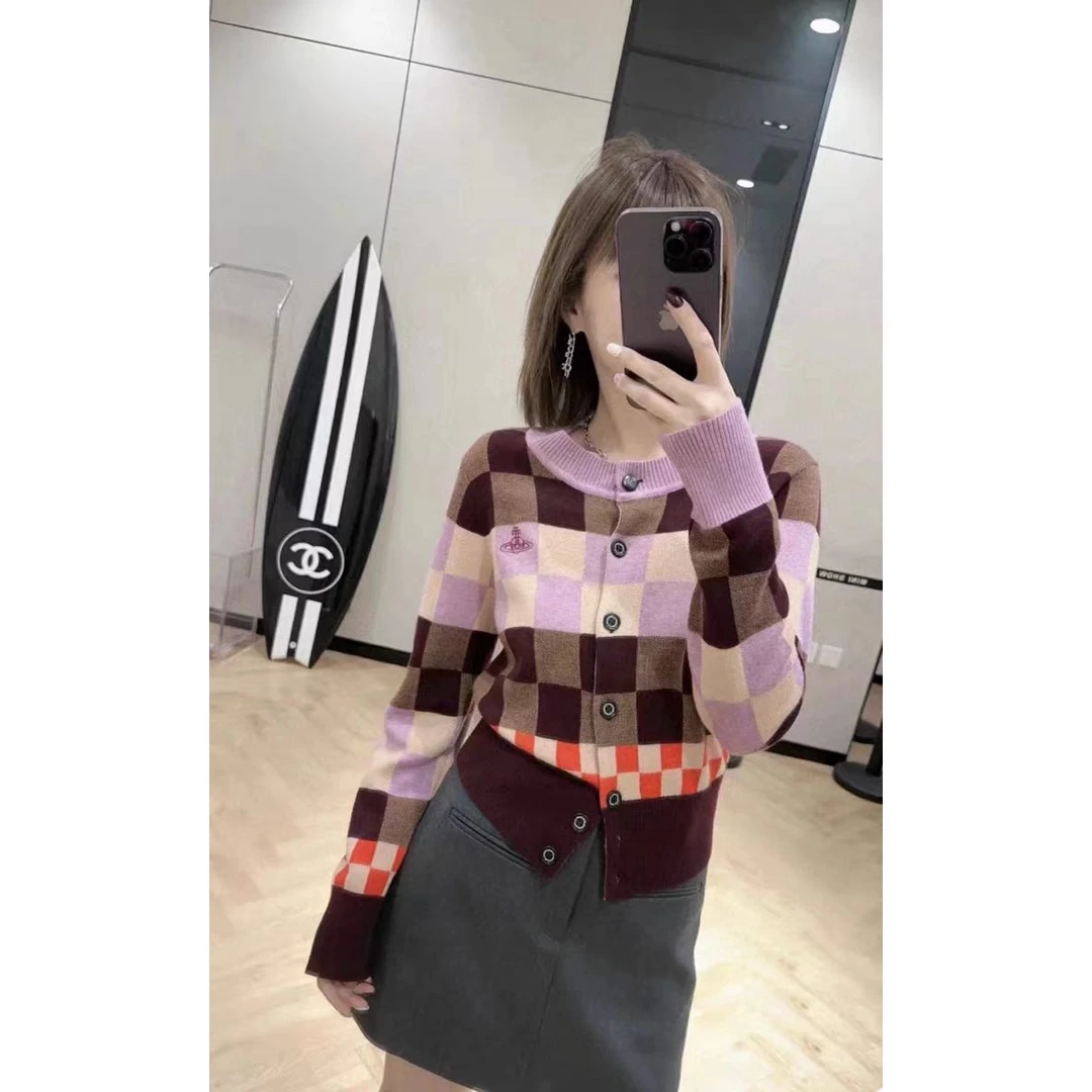 MY228土星针织开衫刺绣复古撞色棋盘格圆领女秋冬羊毛衣