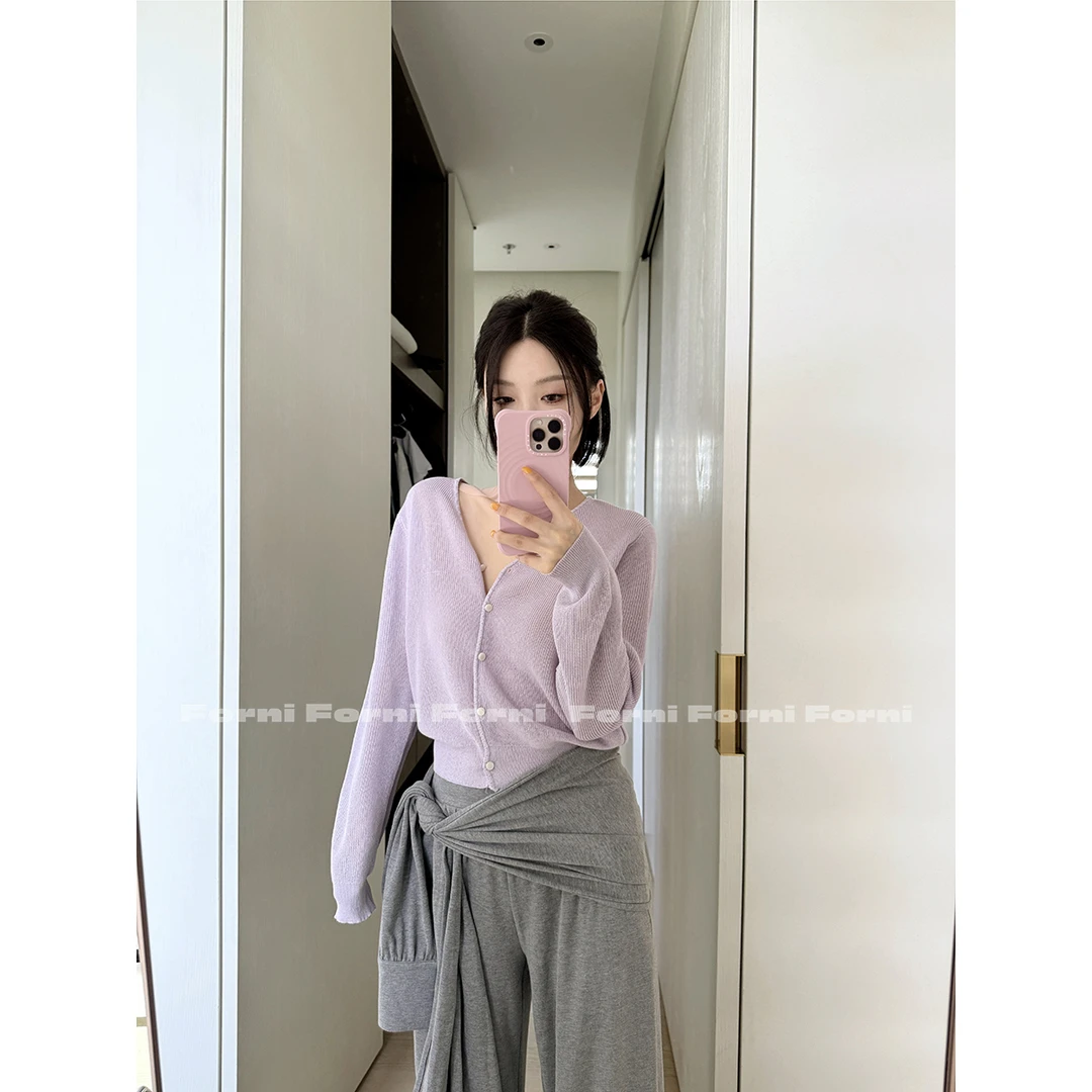 FORNI 实穿主义舒适区 极简风天丝亚麻混纺V领针织短开衫上衣