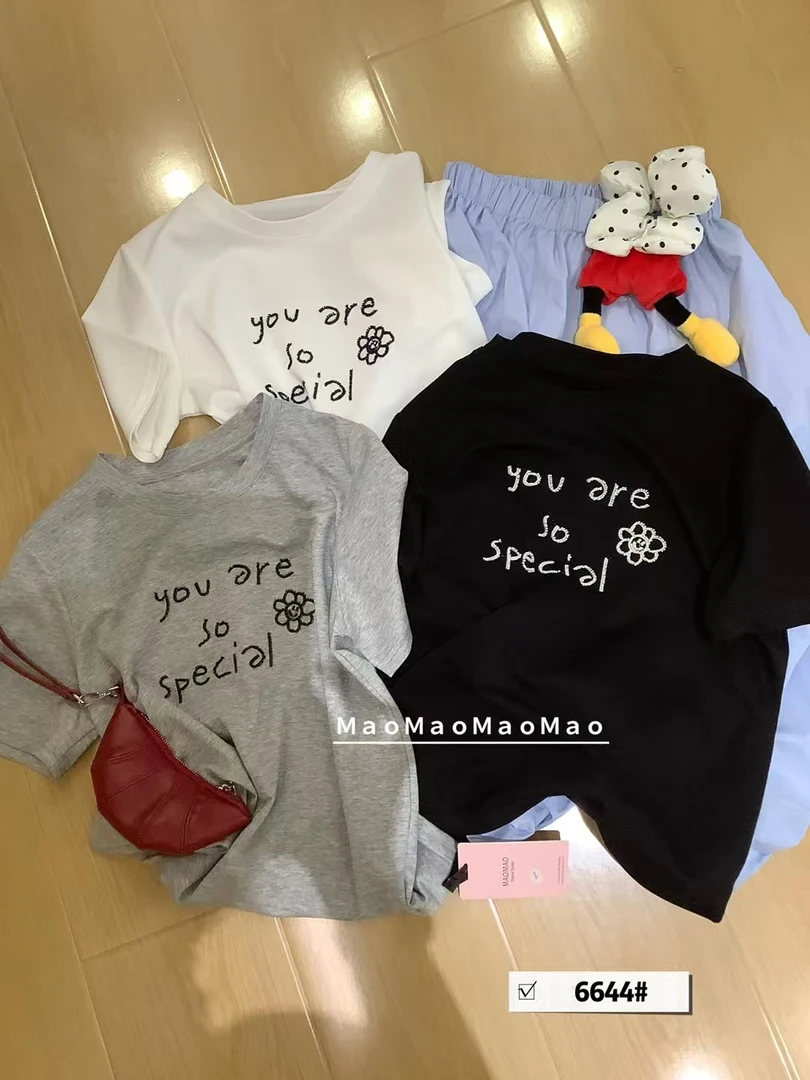 6644手工串珠短袖T恤女装韩系