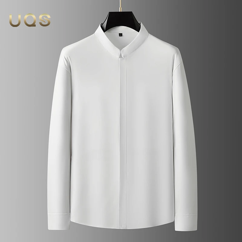 大码秋季男士长袖衬衫宽松舒适日常商务休闲立领高弹简约纯色大气