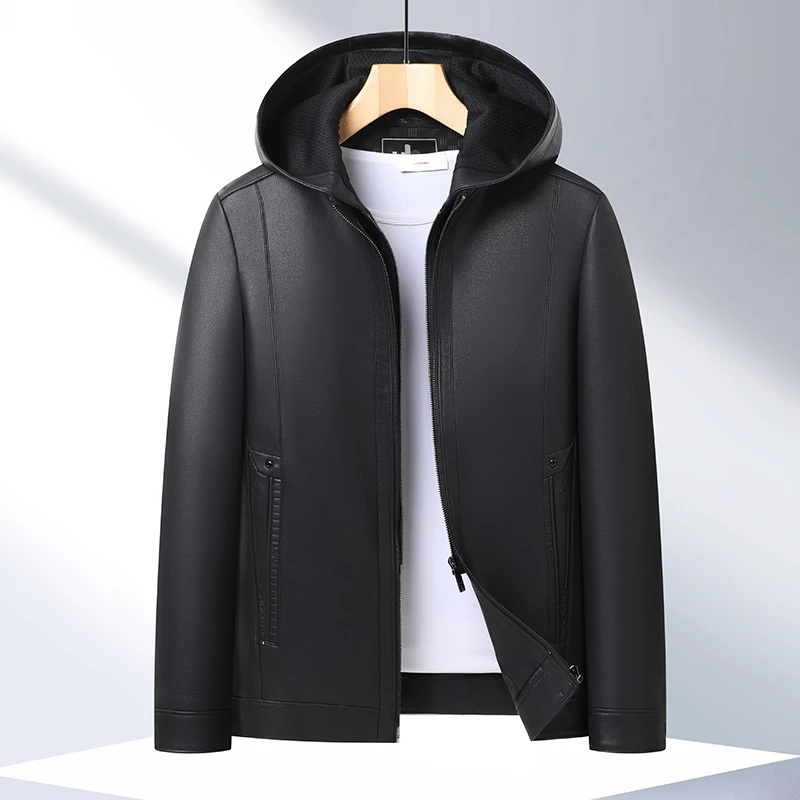 2025男士皮衣春季新款帽子可脱卸真皮时尚连帽男装休闲皮夹克