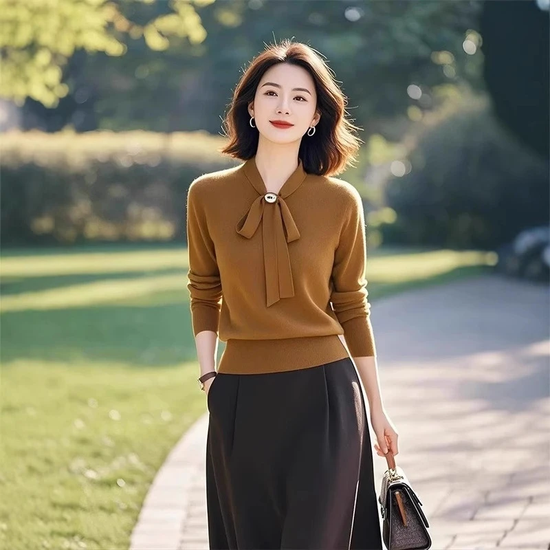 春秋季新款精纺细针织衫女飘带款套头长袖针织衫半身裙两件套