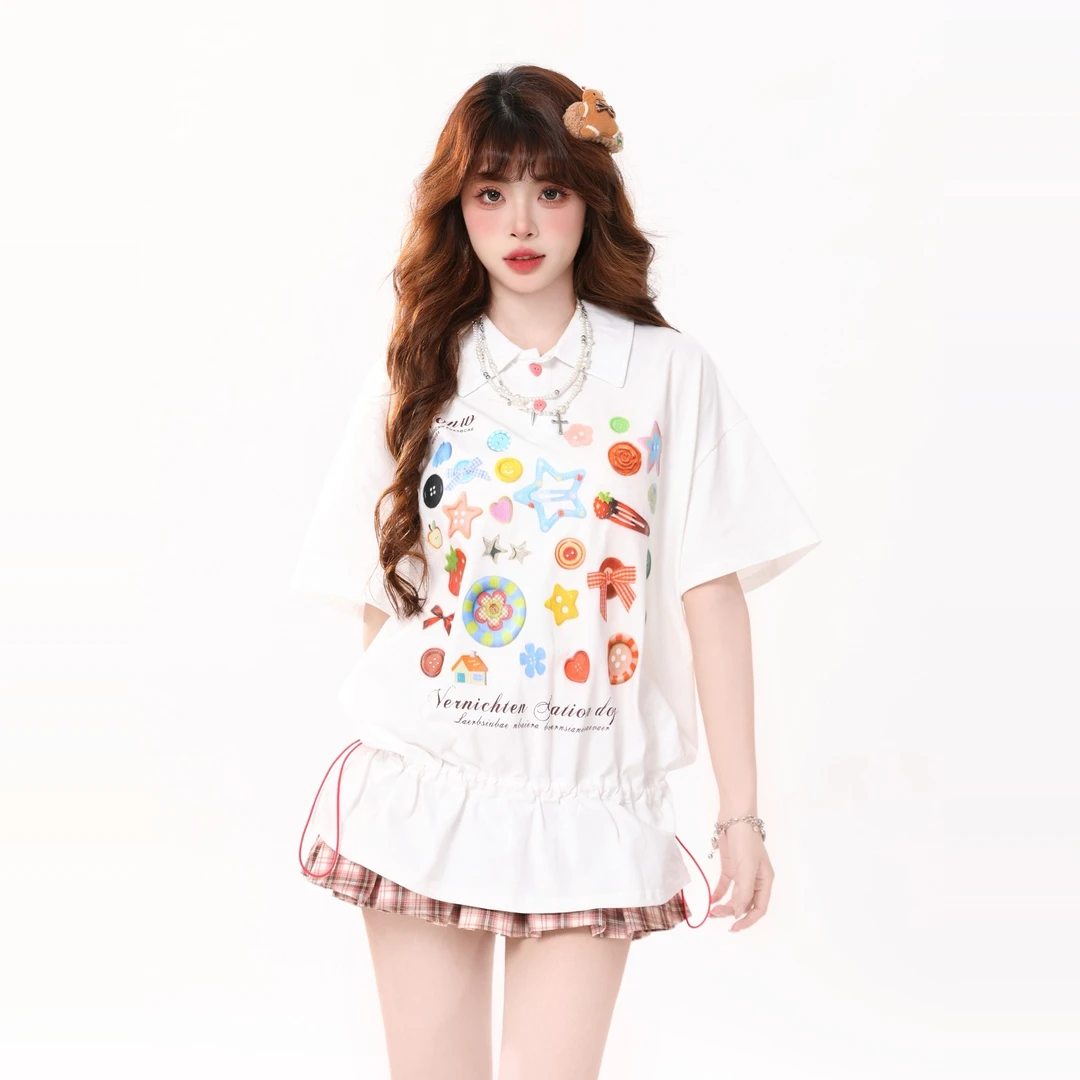 美式趣味卡通印花Polo领短袖女夏季设计感抽绳收腰显瘦连衣裙上衣