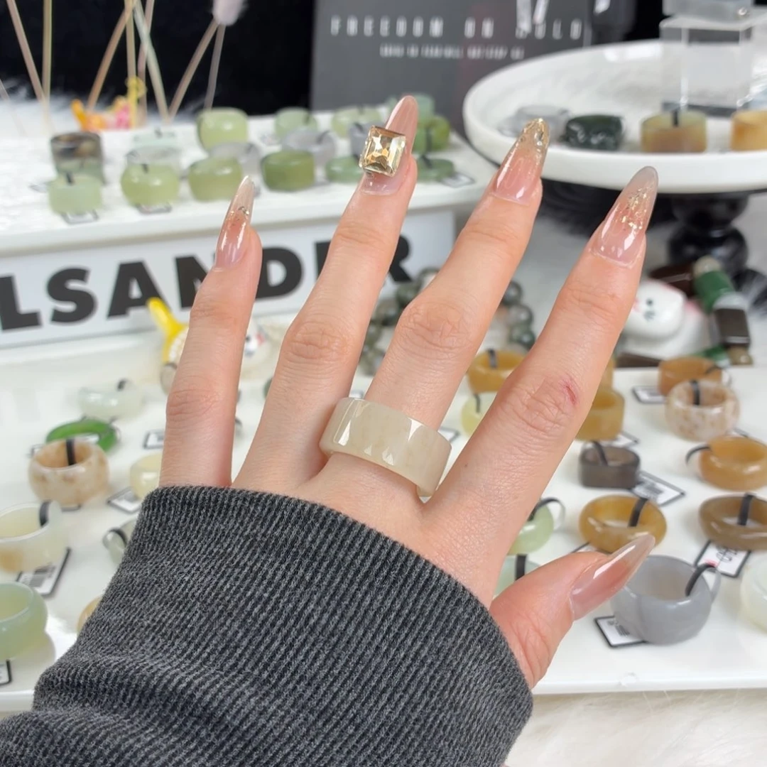 和田玉未镶嵌戒指j68冰透草花直切17.4