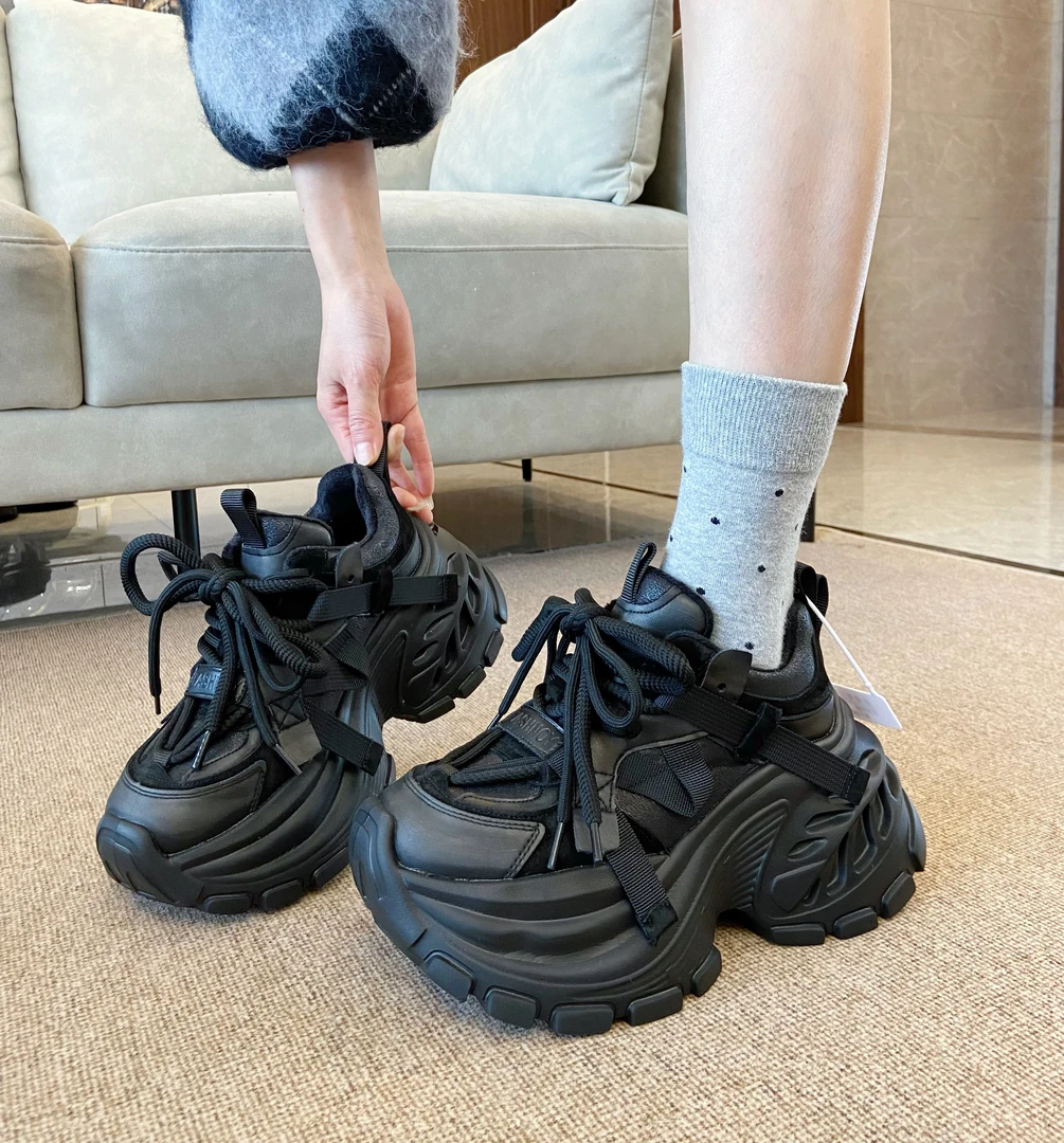 欧货真皮松糕厚底老爹鞋女2025加绒复古小个子增高加绒运动休闲鞋