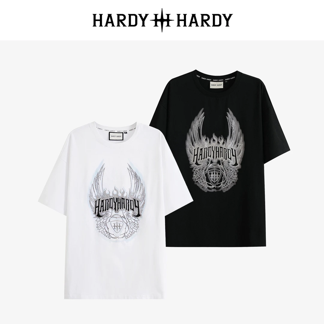 HARDYHARDY印花字母烫钻Logo翅膀宽松潮牌短袖T恤 男女同款上衣