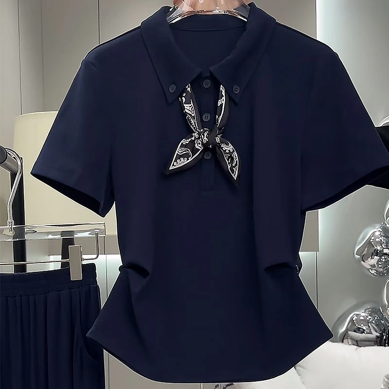 2025夏季新款Polo领丝巾短袖时尚简约气质减龄显瘦百搭正肩上衣