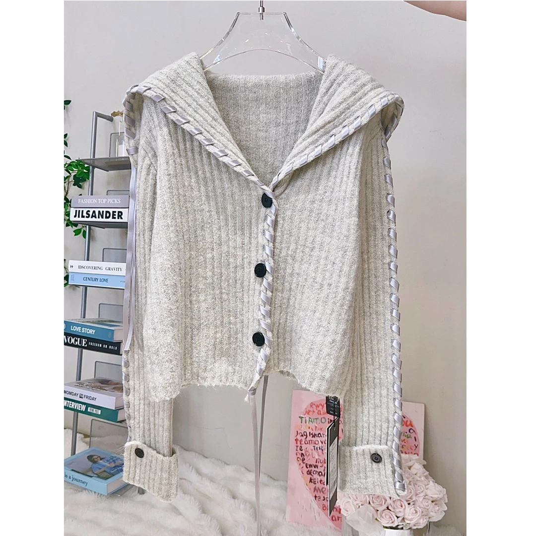 琳心新款早秋时尚设计师宽松百搭编织气质长袖开衫 9786