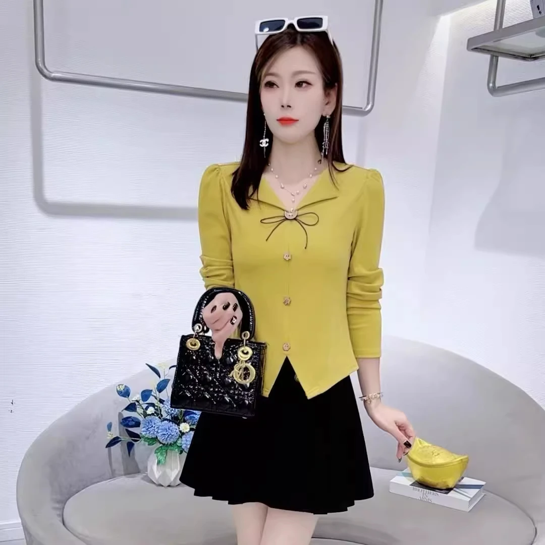时尚法式长袖上衣女2025秋季新款蝴蝶结V领显瘦百搭洋气质打底衫
