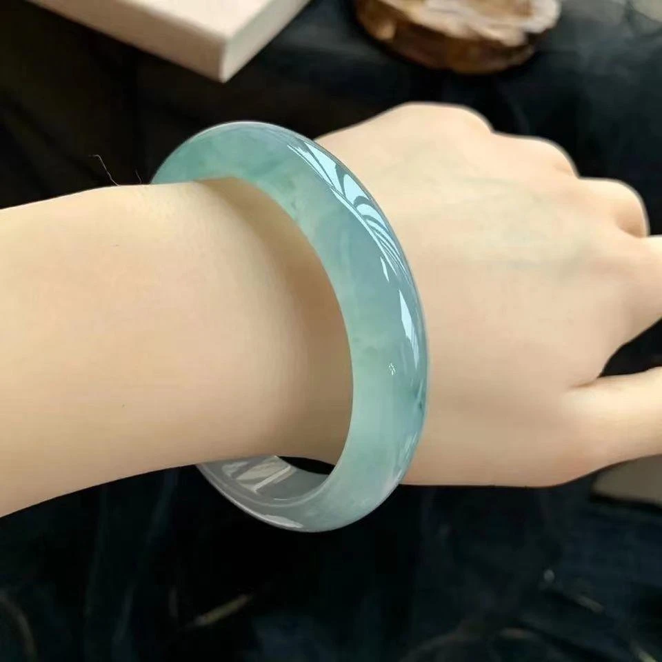 A货天然缅甸翡翠手镯冰种蓝水玉手镯通透高冰玉镯子真品高端送礼