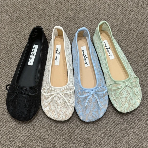 L F851 2025夏季新款平底蝴蝶结细闪亮片网面蕾丝玛丽珍单鞋