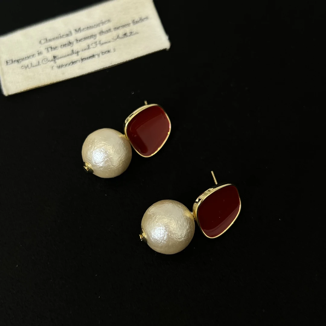 铜合金耳饰 酒红圆片带棉花珠珠耳环2602