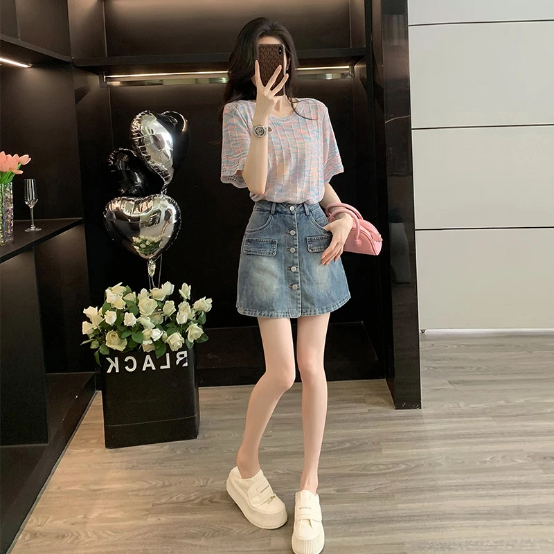 时尚设计感针织短袖短裙套装女2025夏季新款休闲牛仔裙薄款两件套