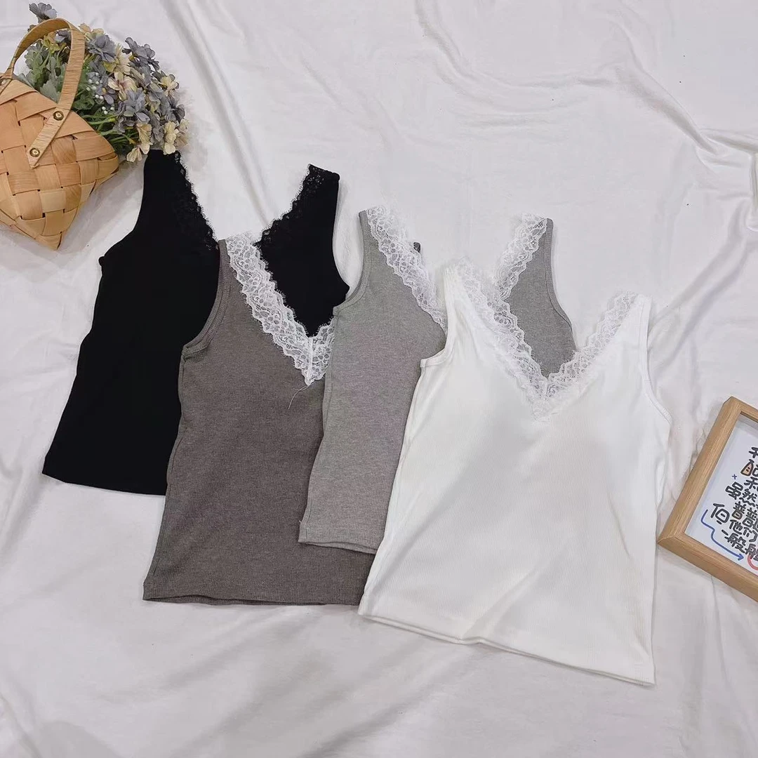 【精致女孩】婷婷同款推荐 V领蕾丝一体带胸垫美背背心