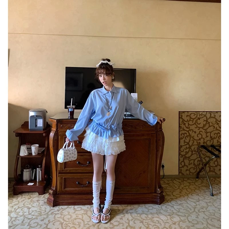 下摆白边设计感抽绳长袖衬衫上衣高腰修身显瘦a字半身蛋糕短裙女