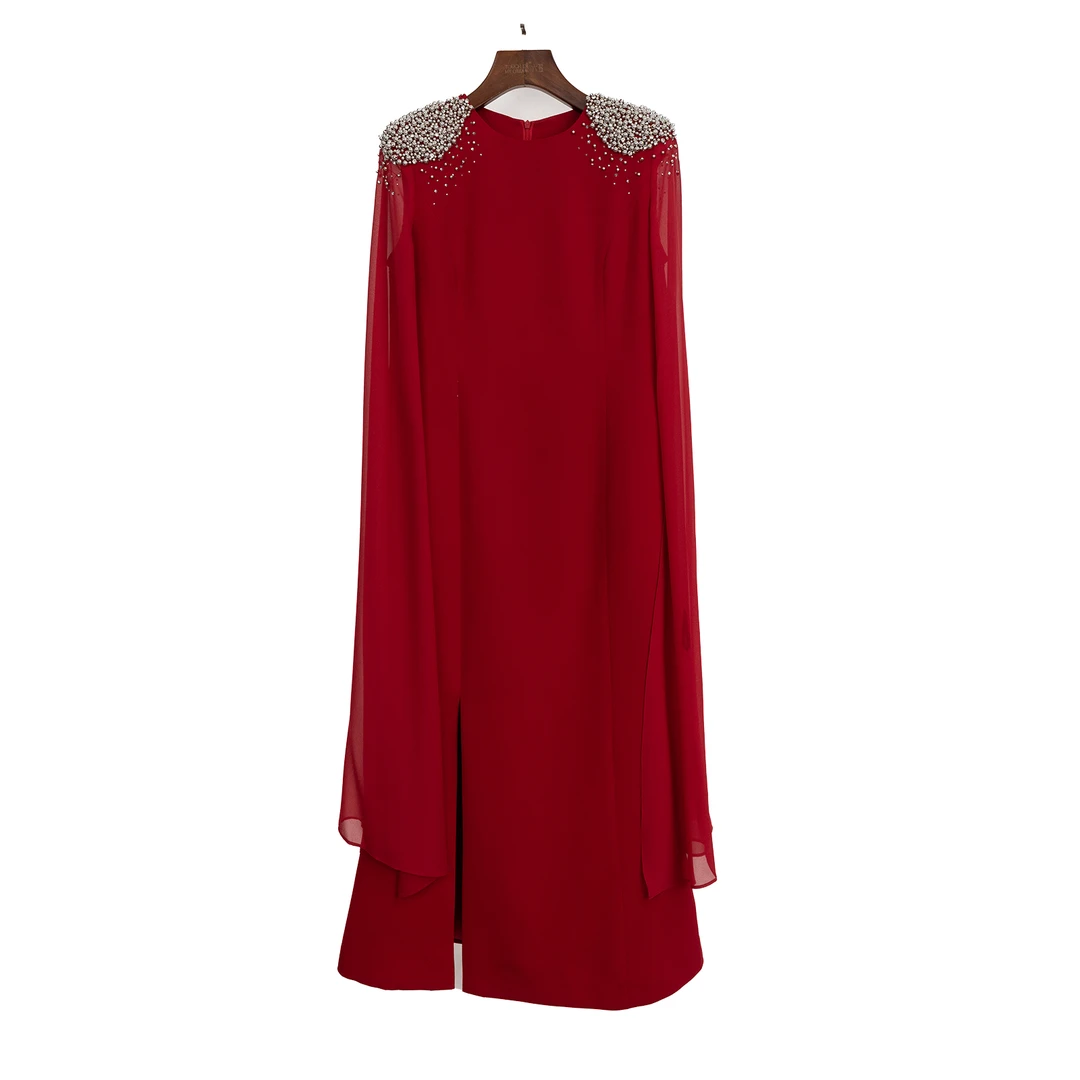 【六丑】新款高级感长款肩部钉珠气质礼服连衣裙501lyq0712