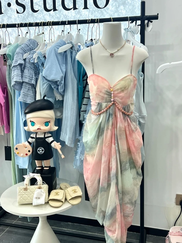 春烟扶柳丛林仙女风格水墨感吊带连衣裙