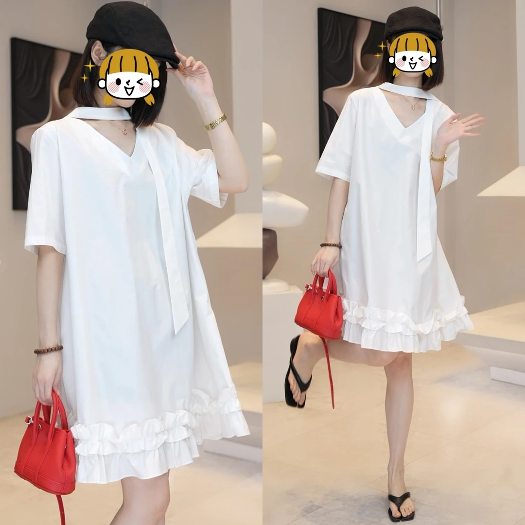 2025年夏季新款时尚小个子宽松显瘦设计感木耳边拼接短袖连衣裙子