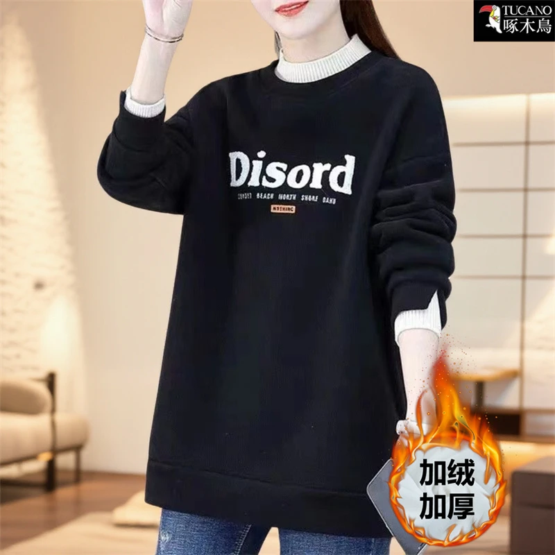 啄木鸟正品2025年爆款半高领撞色刺绣上衣冬季加绒加厚百搭卫衣女