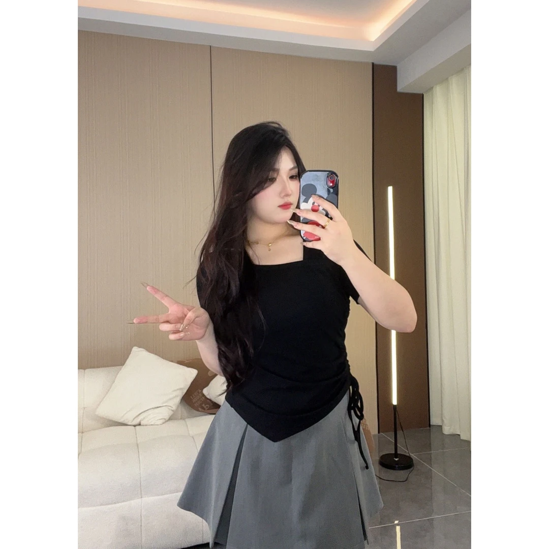 【又又】2025夏上新大码女设计感欧若风不规则抽绳小众短袖T恤上衣