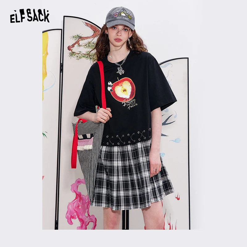 0091【金拐子】妖精的口袋格子拼接印花t恤连衣裙女宽松休闲裙子