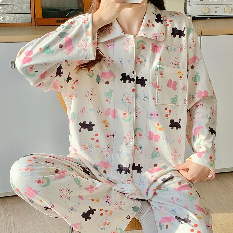 【德绒】秋冬款卡通小猫套装睡衣女加厚磨毛保暖长袖宽松学生家居服