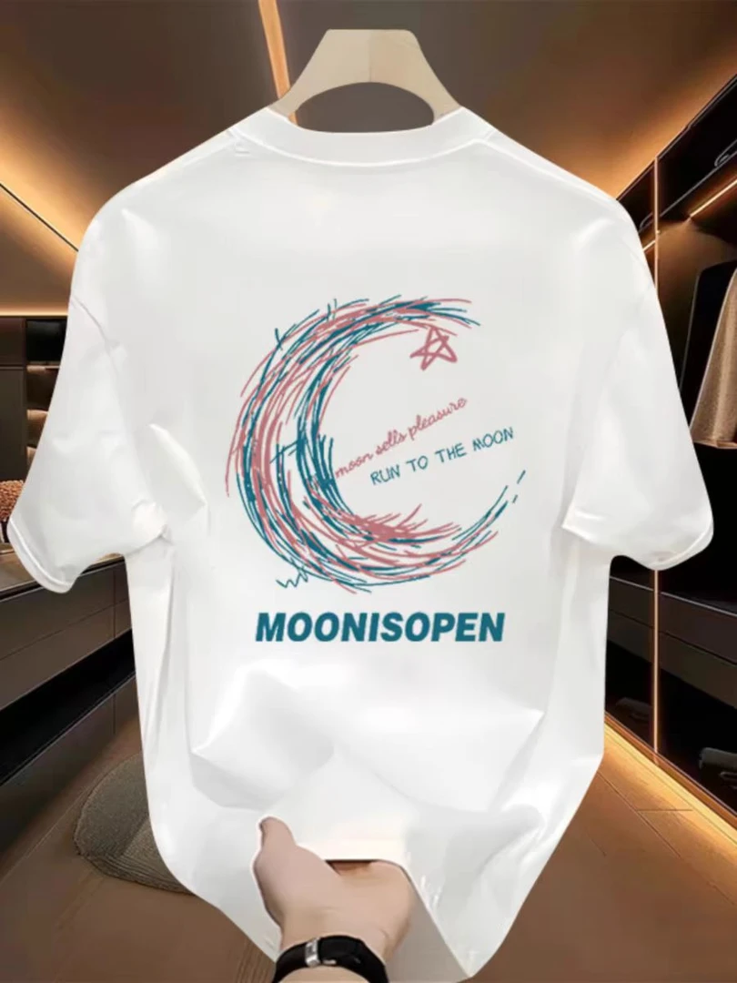 【品质男装】重磅棉潮牌趣味印花圆领短袖宽松百搭外穿白色T恤【12】