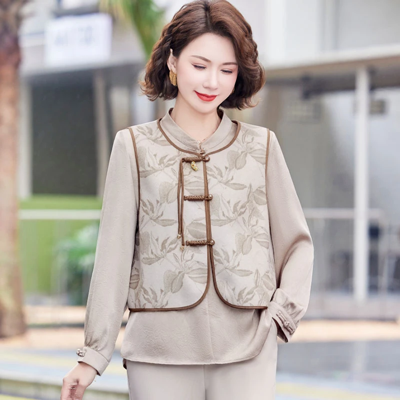 妈妈春装新中式复古套装气质上衣中老年阔太太国风马甲衬衣两件套