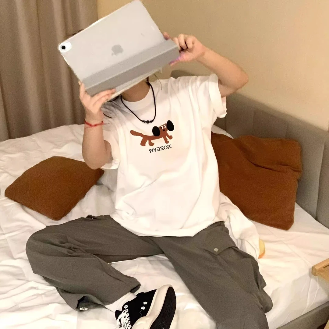 【咖啡色小狗】夏季纯棉休闲女款字母短袖宽松印花潮流潮流情侣圆领