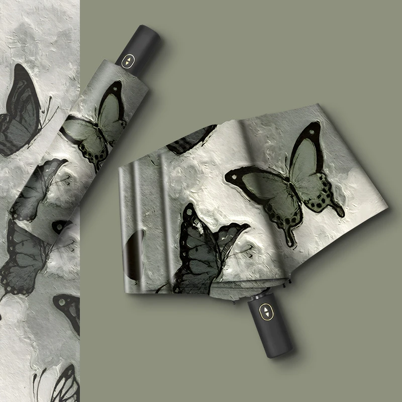 国风晴雨两用全自动折叠防晒太阳伞防紫外线黑胶遮阳伞学生雨伞女