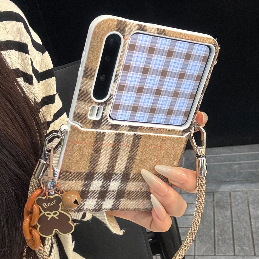 适用华为purax折叠屏手机壳复古小香风pocket2巴宝莉格纹绒布手绳