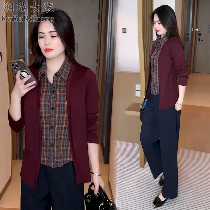 气质百搭假两件长袖T恤女2025秋季新款格纹拼接减龄显瘦上衣通勤