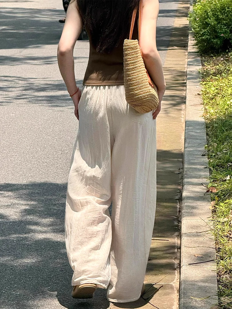 天丝亚麻阔腿裤女夏季薄款胖妹妹mm梨形身材宽松显瘦弯刀休闲裤子