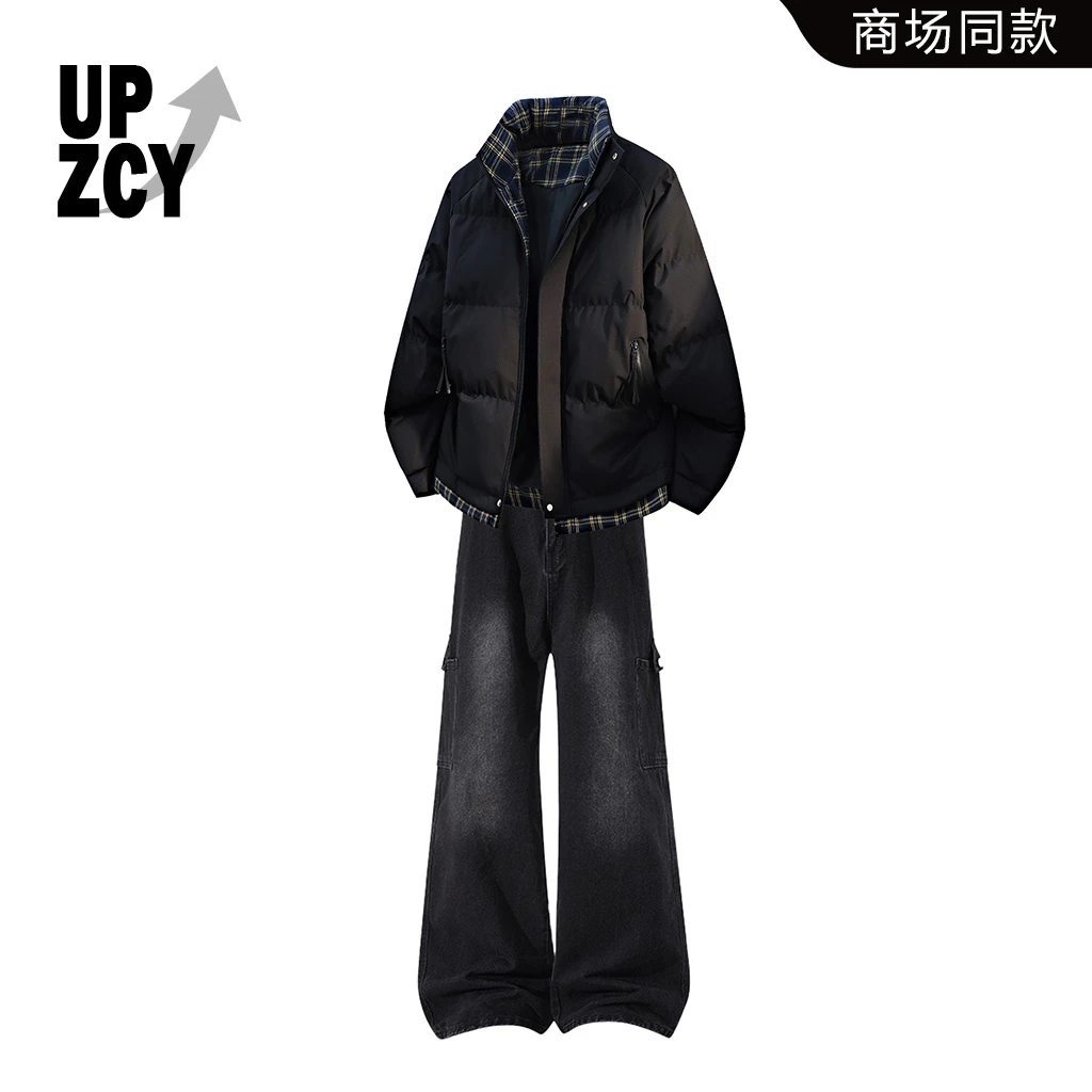 UPZCY美式立领棉服套装男款冬季格子休闲宽松潮流外套工装牛仔裤