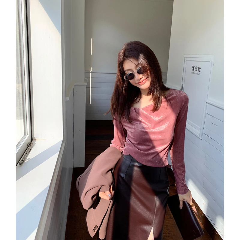 【ALONE SAVOR】龍喜儿流光结语 秋季设计感褶皱T恤长袖圆领J156